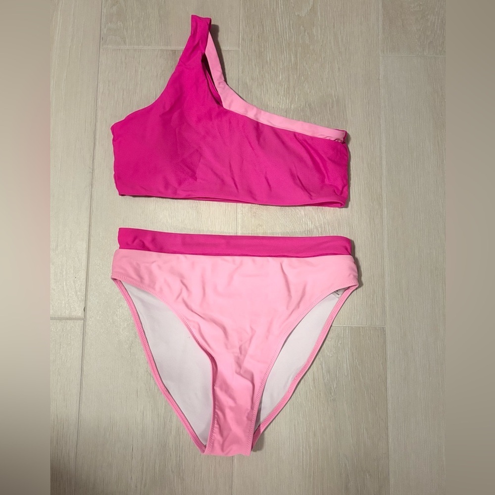 Pink One Shoulder Bikini Set High Rise Bottom Medium Colorblock Asymmetrical